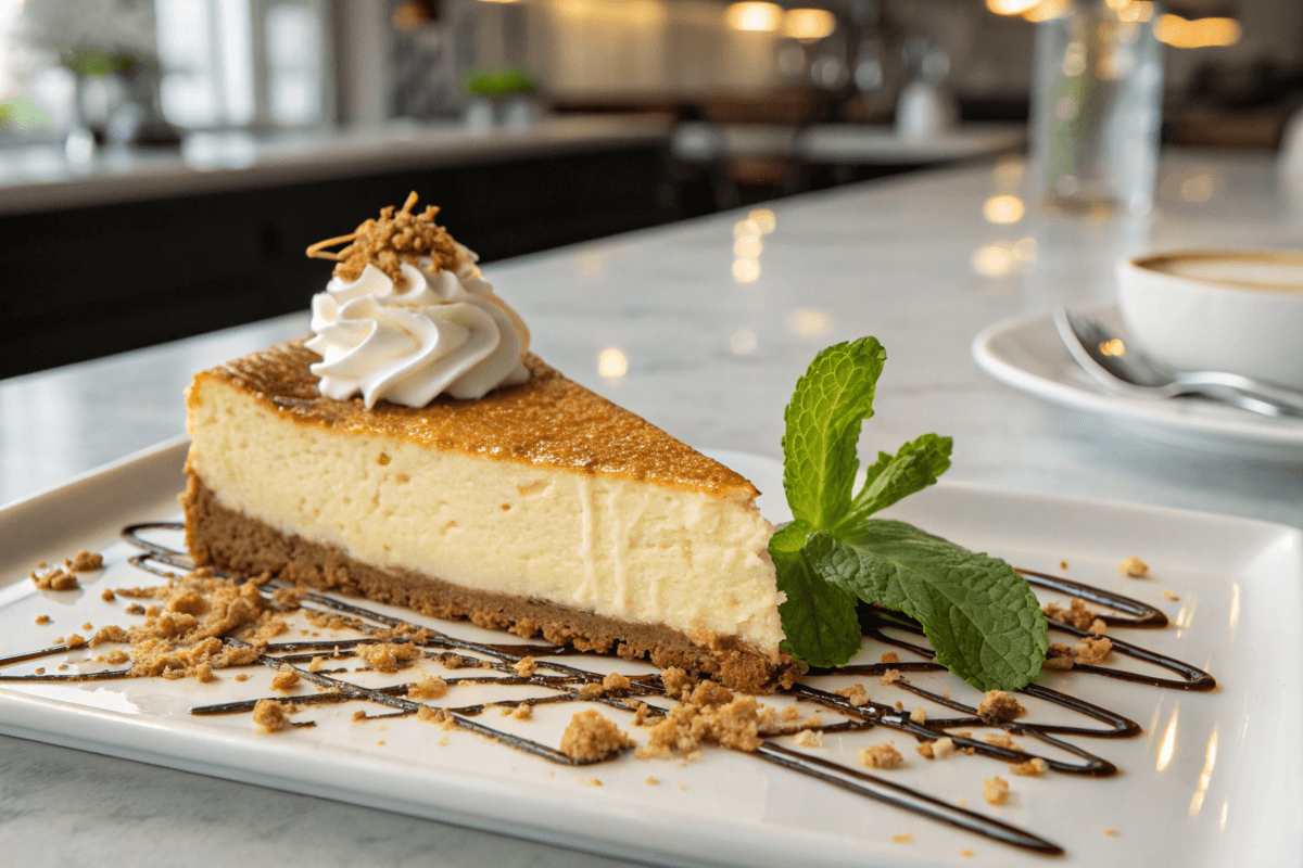 Slice of cheesecake with graham cracker crust and whipped cream on a white plate.