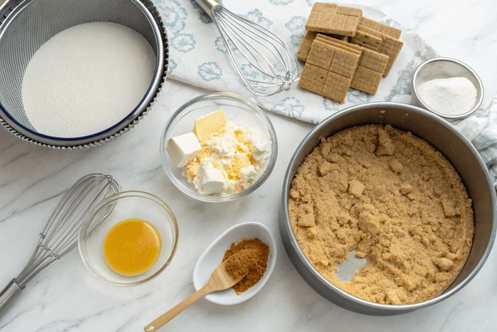 Mixing bowl with crust ingredients and springform pan on a marble countertop.