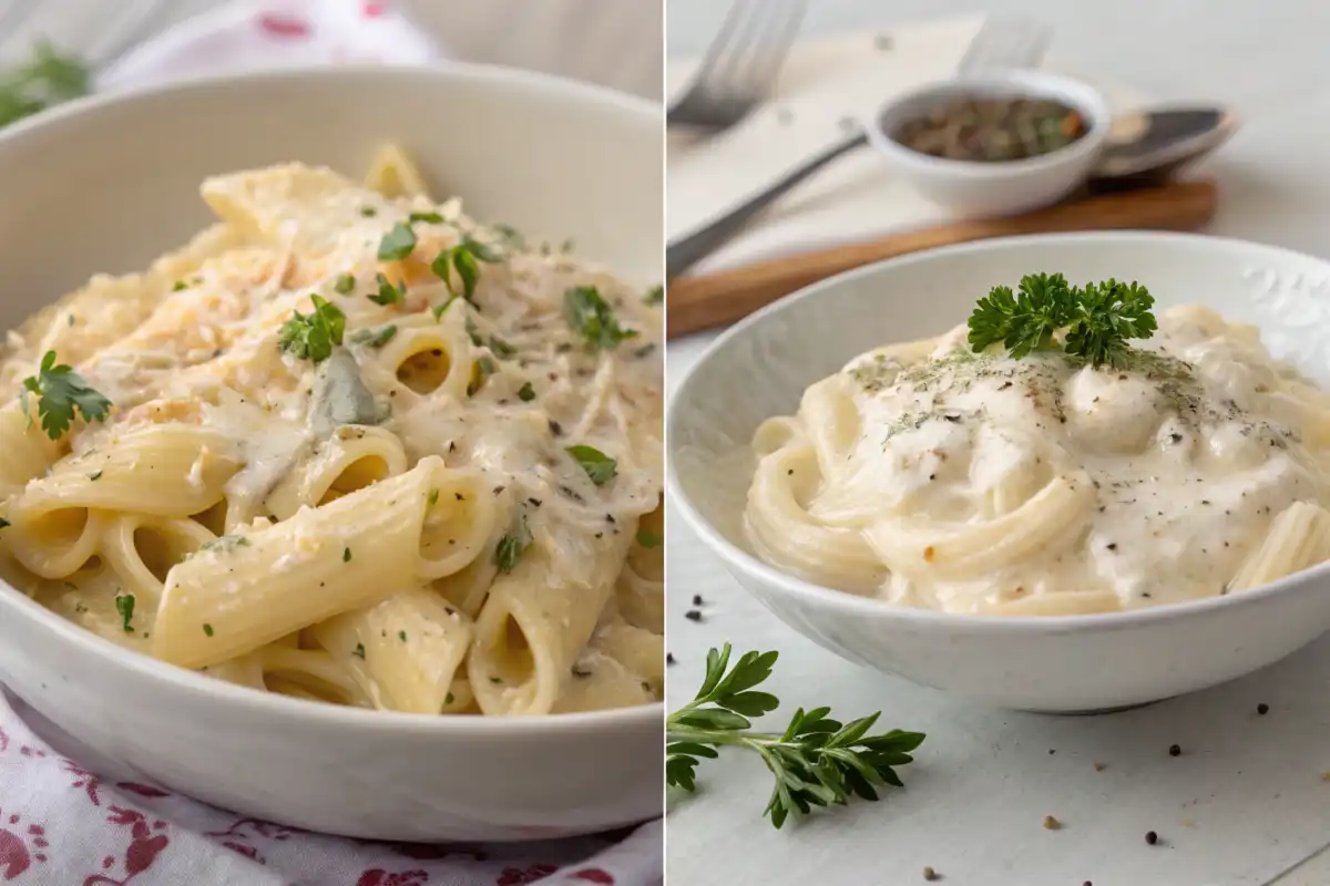 Alfredo sauce pasta next to cream sauce pasta in white bowls