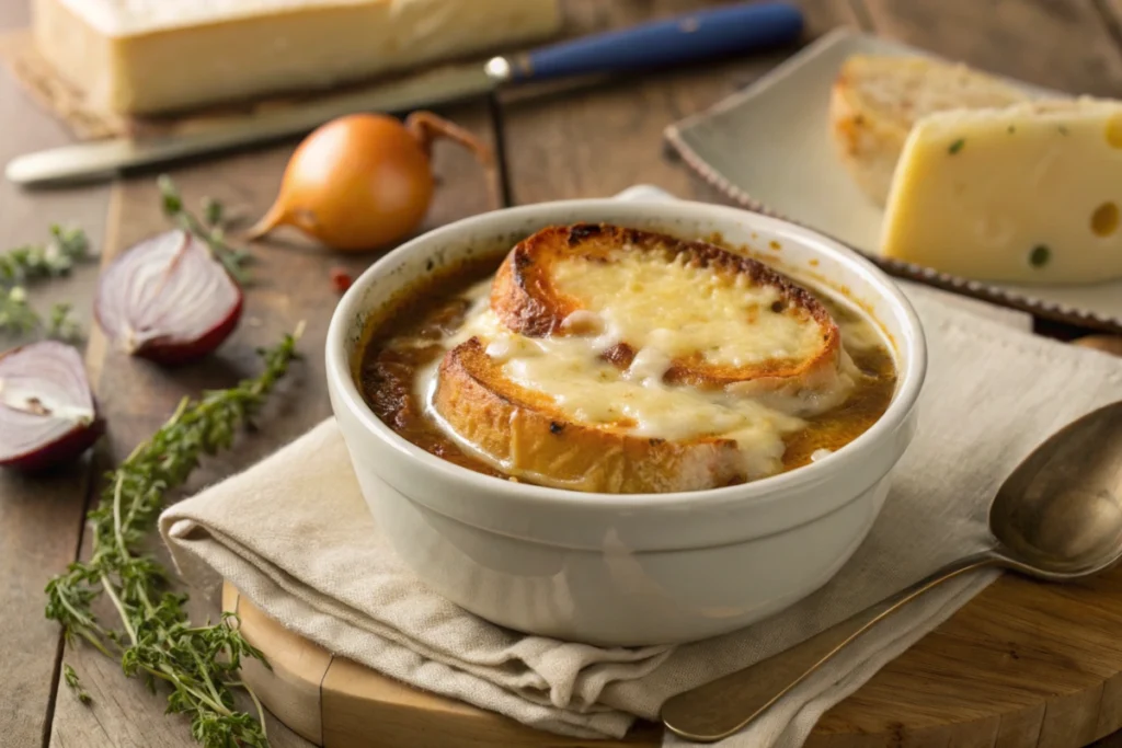 lose-up of French Onion Soup with golden cheese