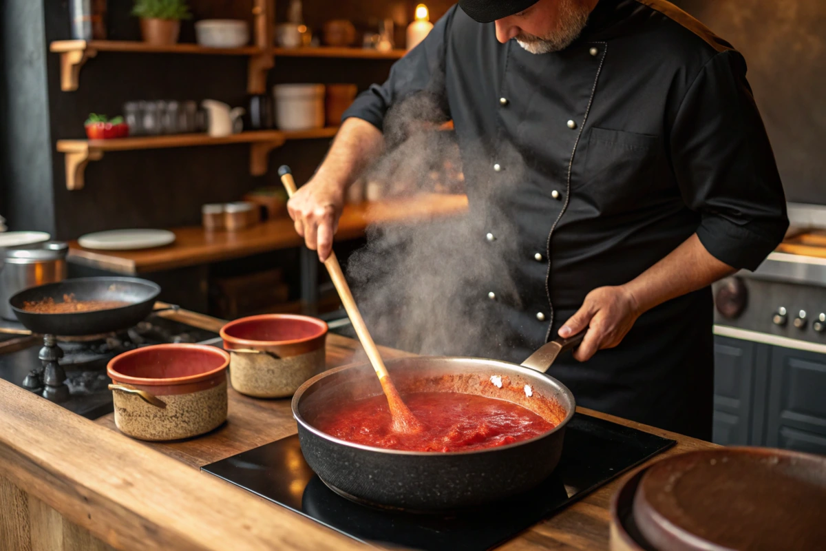 saucepan filled with simmering enchilada sauce