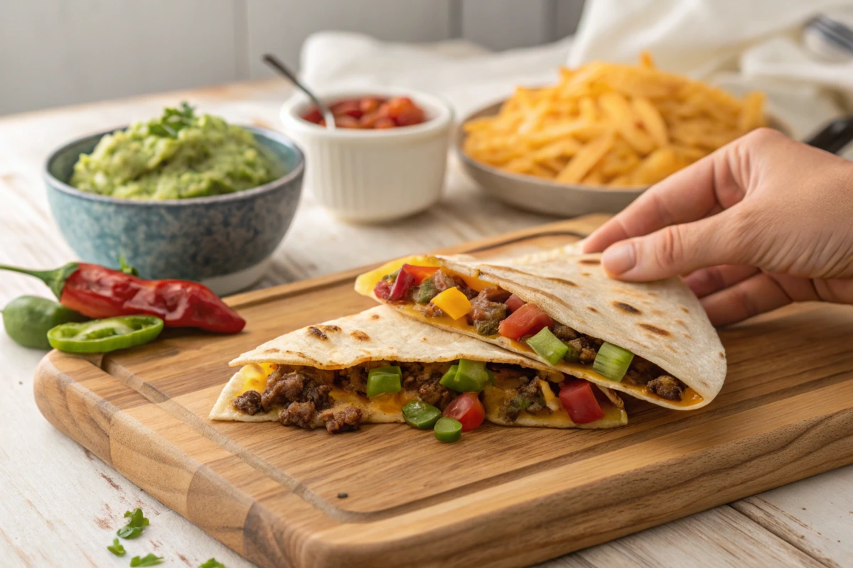 An assembled quesadilla on a cutting board