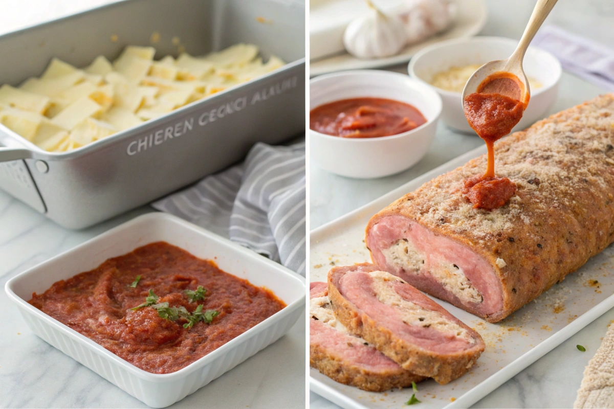 Step-by-step process for assembling Chicken Cordon Bleu Meatloaf Marinara