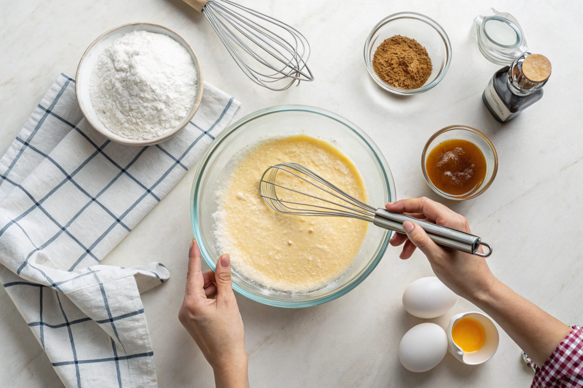 ingredients like flour, water, and vanilla extract visible nearby. The batter looks slightly lumpy, surrounded by measuring spoons and a neatly folded kitchen towe