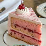 Cherry chip cake with pink frosting and cherries on a glass cake stand