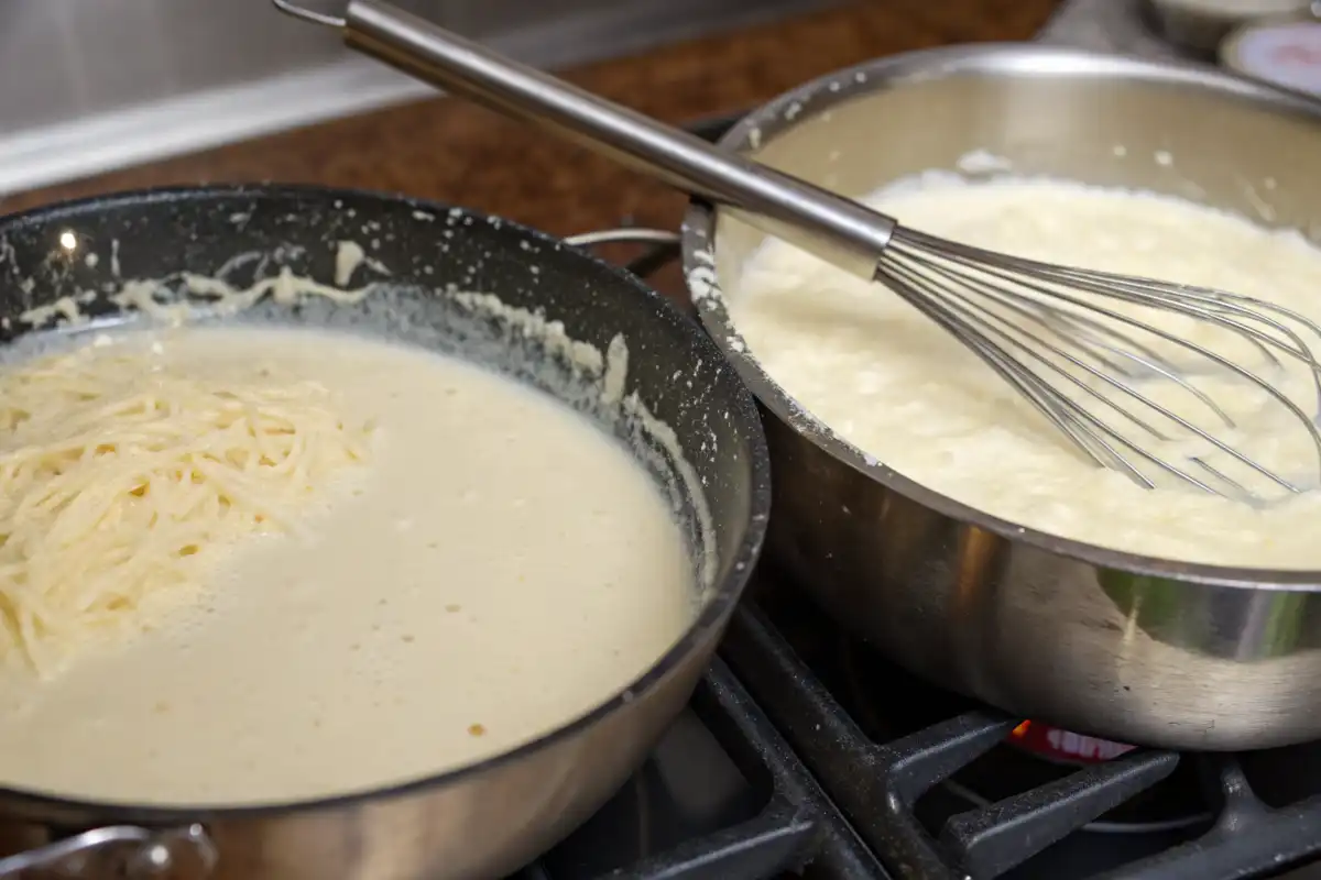 Steps to make cream sauce: whisking butter and flour, adding milk, and thickening