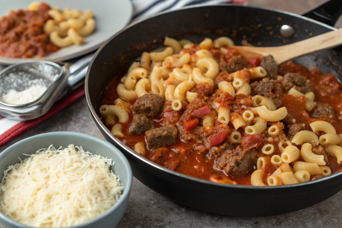 Elbow macaroni mixed into a tomato-based beef sauce for beefaroni