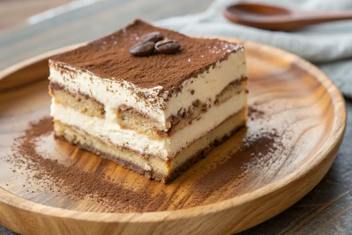 Close-up of Tiramisu with visible layers of mascarpone, espresso-soaked ladyfingers, and a cocoa-dusted top