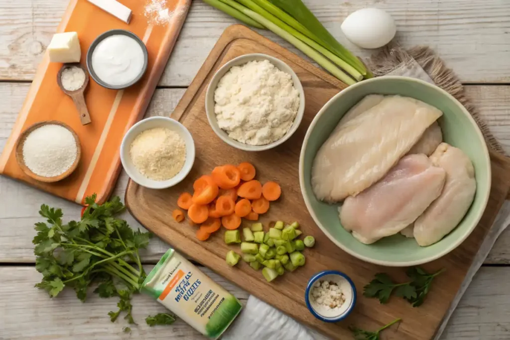 Ingredients for Cracker Barrel chicken and dumplings, including chicken, flour, buttermilk, vegetables, and spices on a wooden countertop