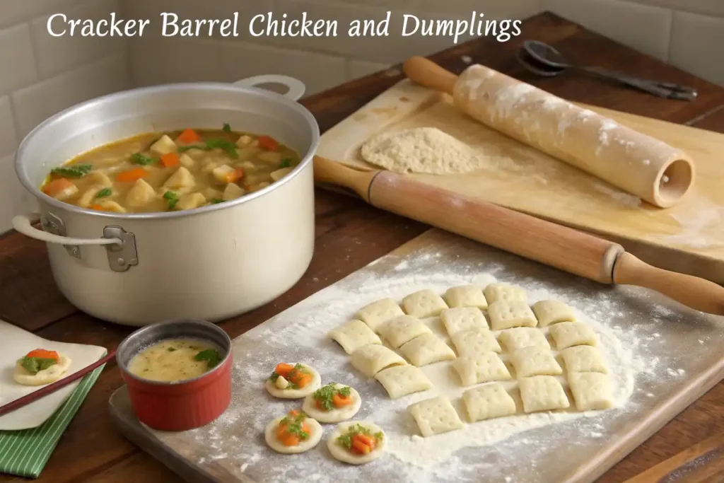 Step-by-step process of making Cracker Barrel chicken and dumplings, featuring broth and freshly cut dumpling dough.