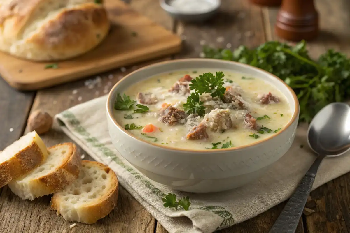 Creamy Parmesan Italian sausage soup in a bowl, garnished with parsley and served with bread on a rustic table