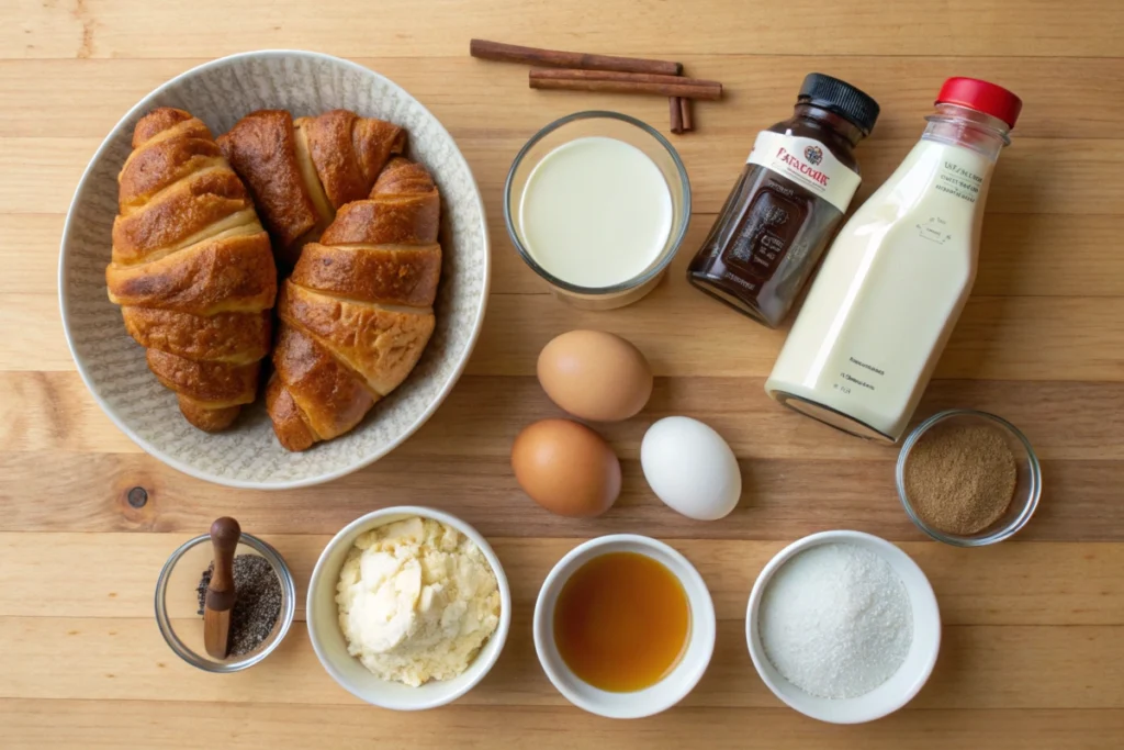 Flat lay of croissant French toast ingredients including croissants, eggs, milk, and cinnamon.