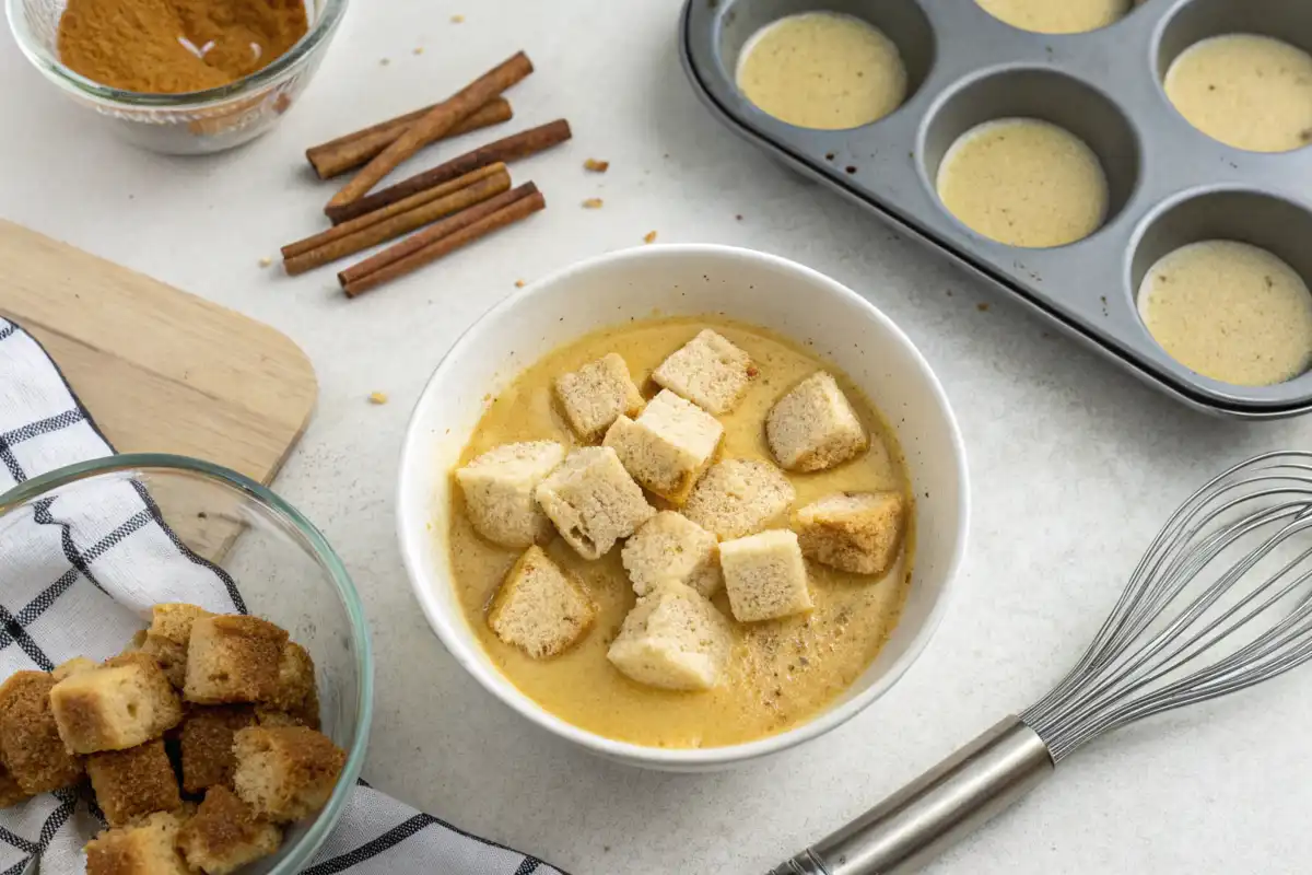 Bread cubes soaking in custard mixture with cinnamon for French toast muffins, next to a whisk and muffin tin