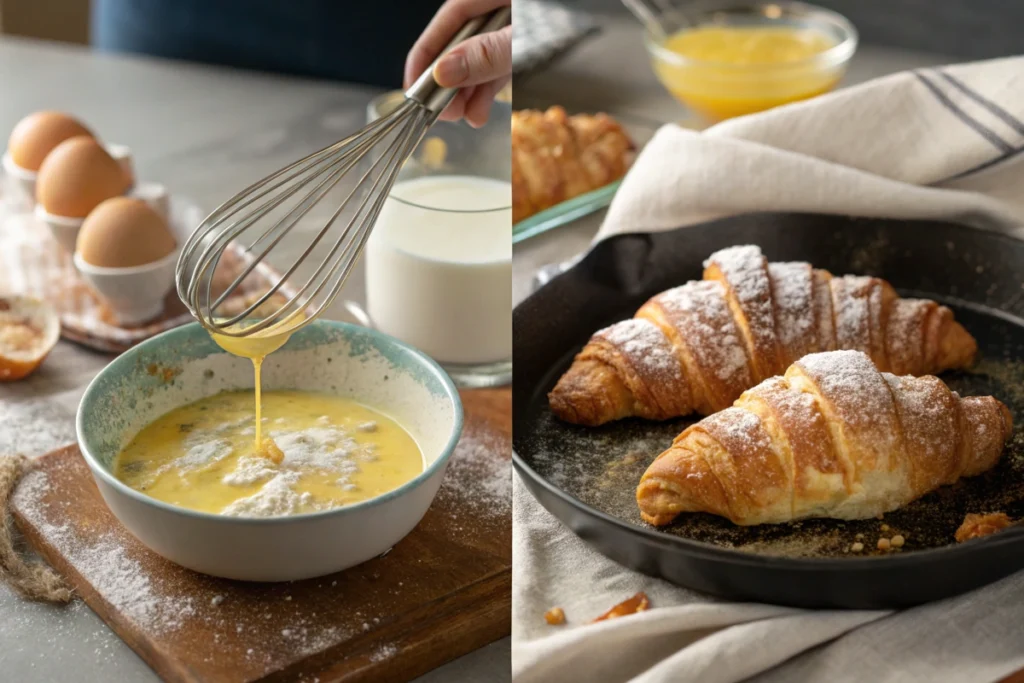 Croissants dipped in custard and fried on a skillet for French toast.