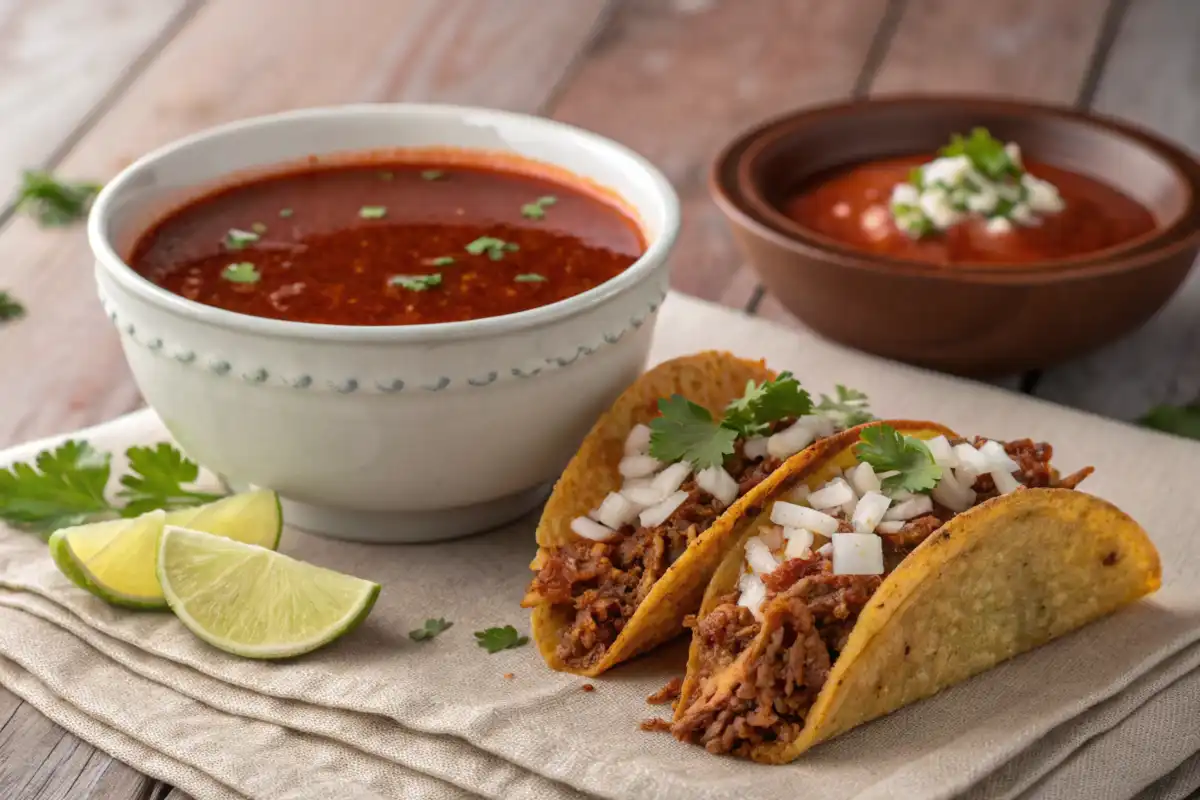 Steaming Birria Tacos Sauce with Garnished Tacos"