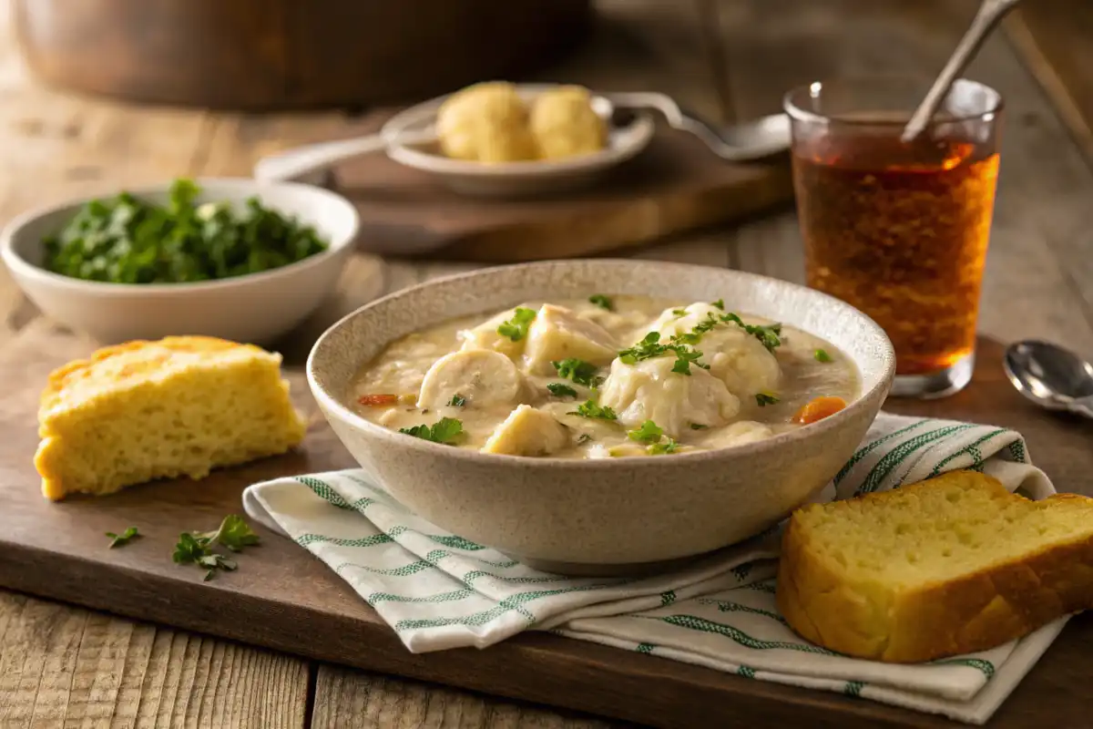 Bowl of Cracker Barrel chicken and dumplings with cornbread and iced tea on a rustic wooden table.