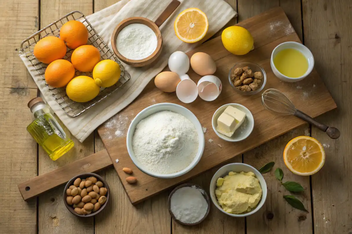 Overhead view of ingredients for Italian Hangover Cake, including citrus, mascarpone, and liqueurs on a wooden table