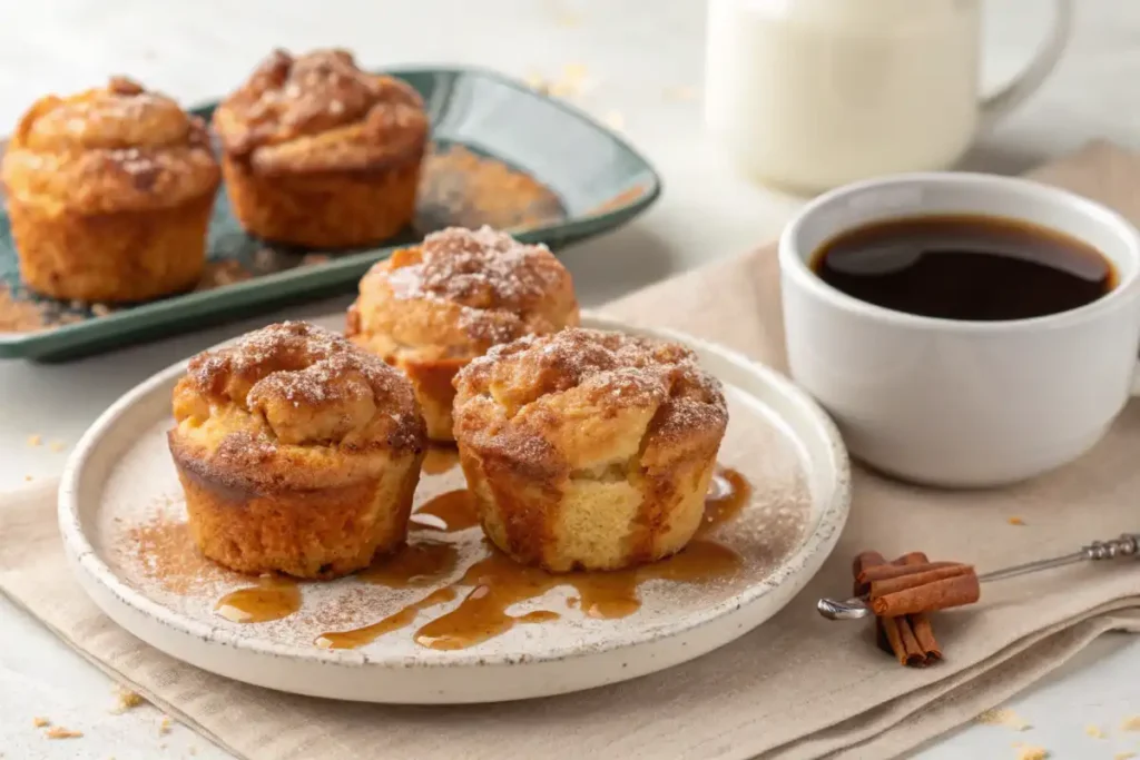 Golden-brown cinnamon sugar French toast muffins on a plate, topped with cinnamon sugar and syrup, served with coffee.