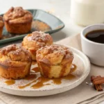 Golden-brown cinnamon sugar French toast muffins on a plate, topped with cinnamon sugar and syrup, served with coffee.