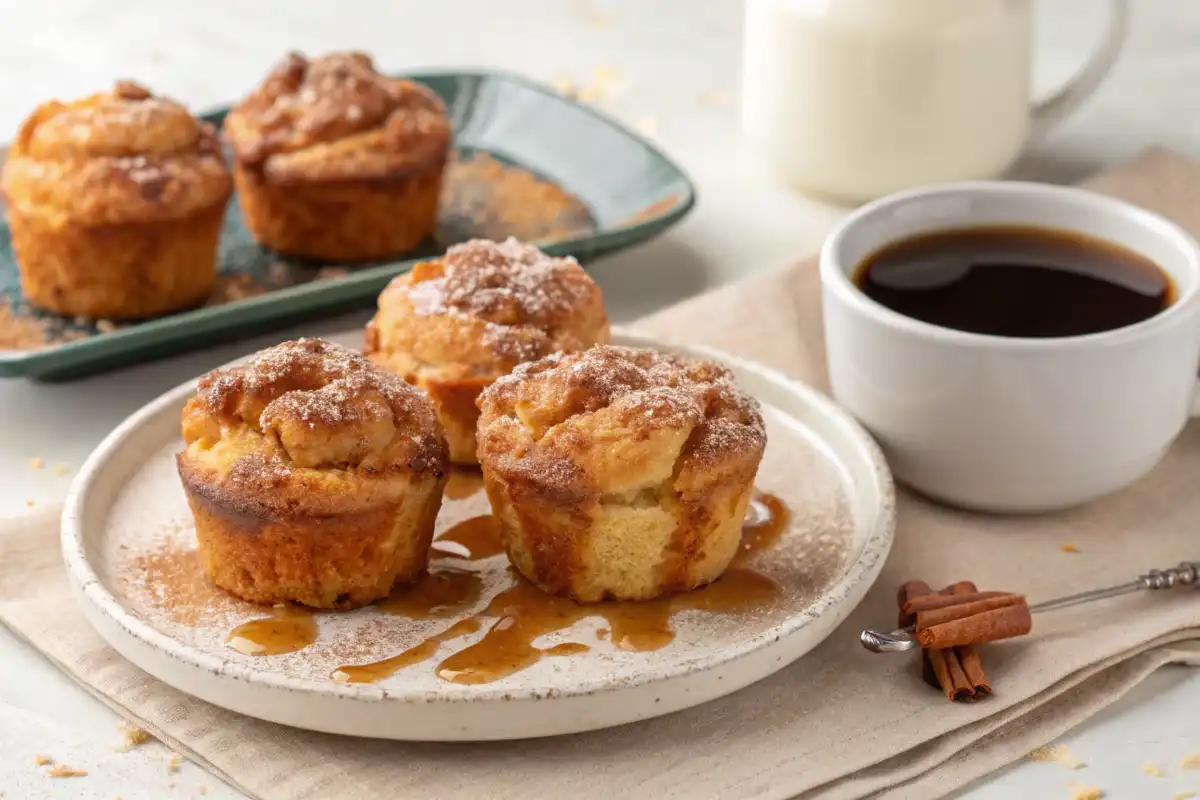 Golden-brown cinnamon sugar French toast muffins on a plate, topped with cinnamon sugar and syrup, served with coffee.