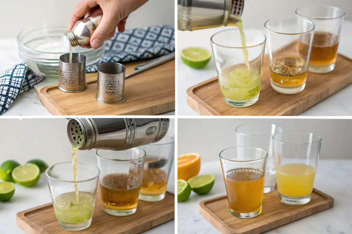 Green tea shot preparation process in four steps, from ingredients to serving.