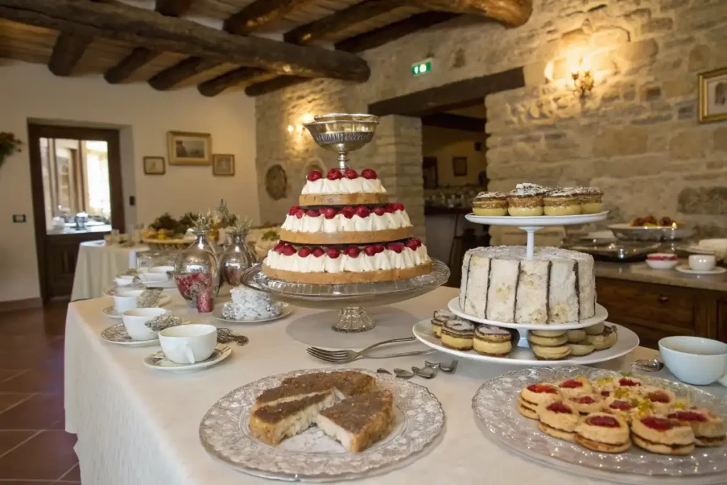 An Italian dessert table with Tiramisu, Cassata, and Panettone alongside espresso cups in a rustic setting