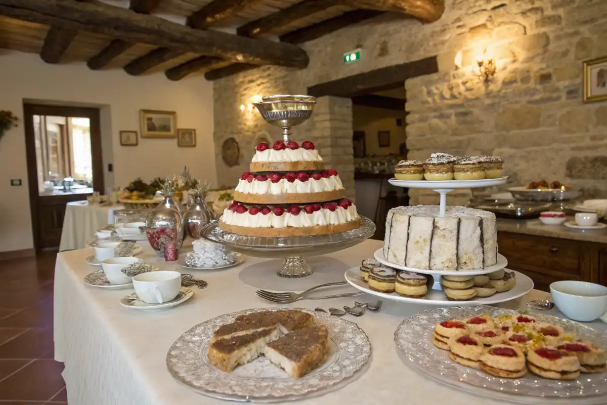 An Italian dessert table with Tiramisu, Cassata, and Panettone alongside espresso cups in a rustic setting