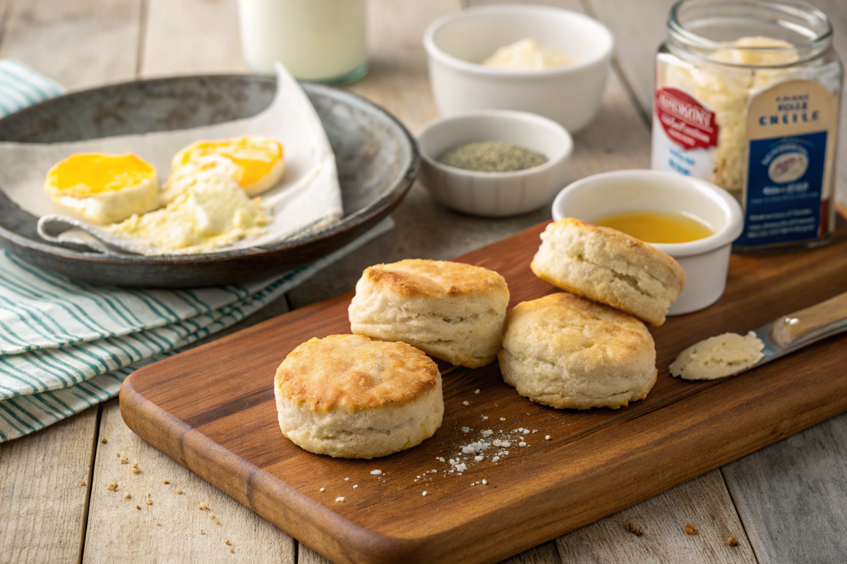 Freshly baked biscuits on a wooden cutting board, brushed with melted butter