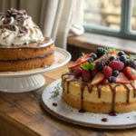 Two fricassee cakes on a rustic table, one sweet with berries and whipped cream, the other savory with herbs and roasted vegetables.