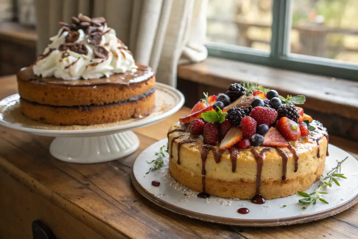 Two fricassee cakes on a rustic table, one sweet with berries and whipped cream, the other savory with herbs and roasted vegetables.