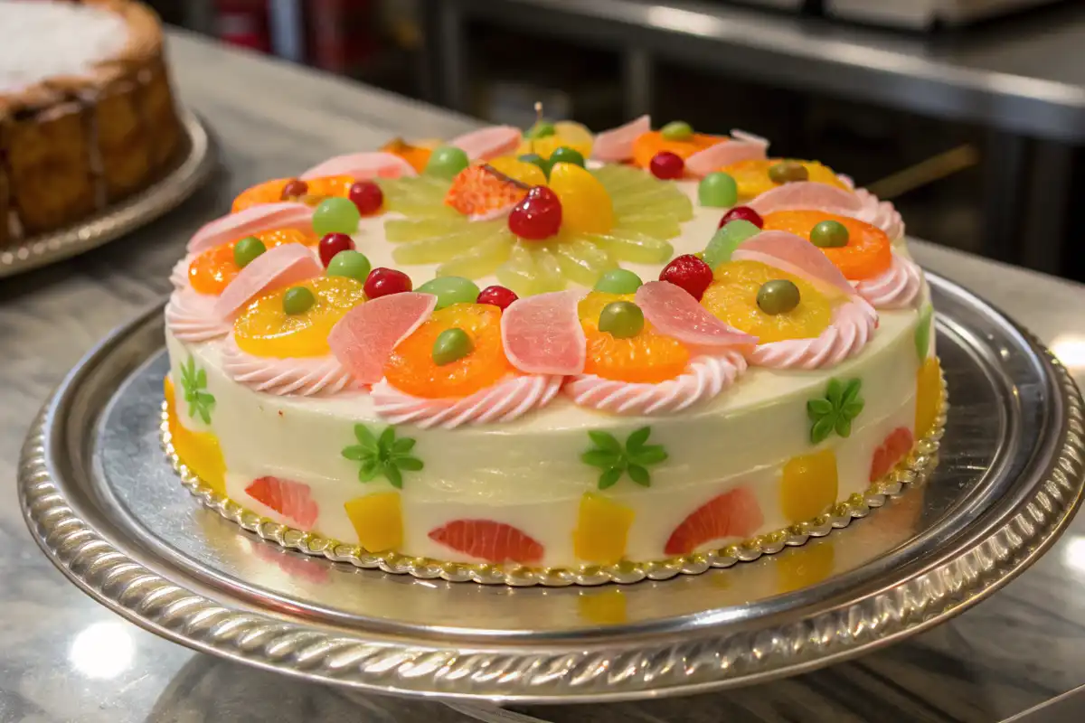 Sicilian Cassata decorated with marzipan, candied fruits, and colorful icing on a silver serving platter.