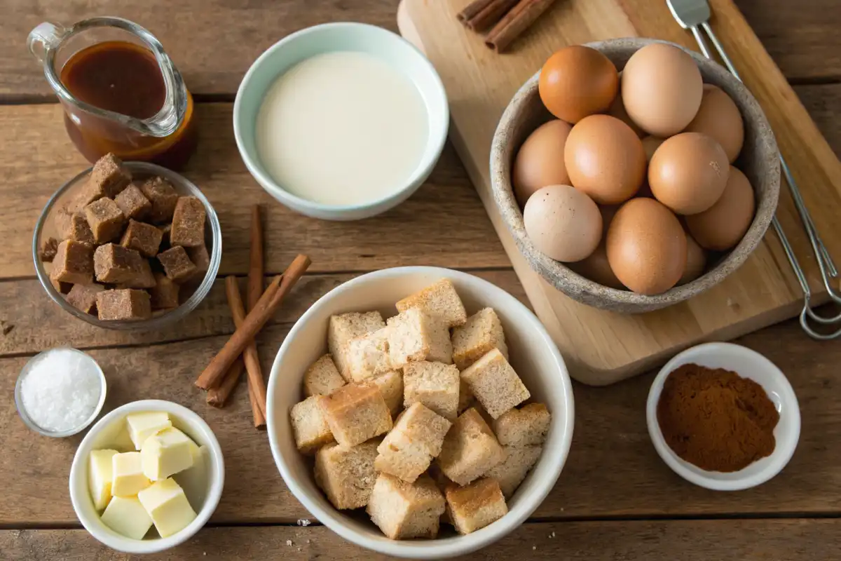 Ingredients for cinnamon sugar French toast muffins, including bread, eggs, milk, cinnamon, sugar, butter, and vanilla