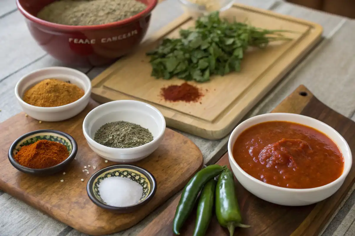 Ingredients for taco sauce and enchilada sauce on a rustic counter.