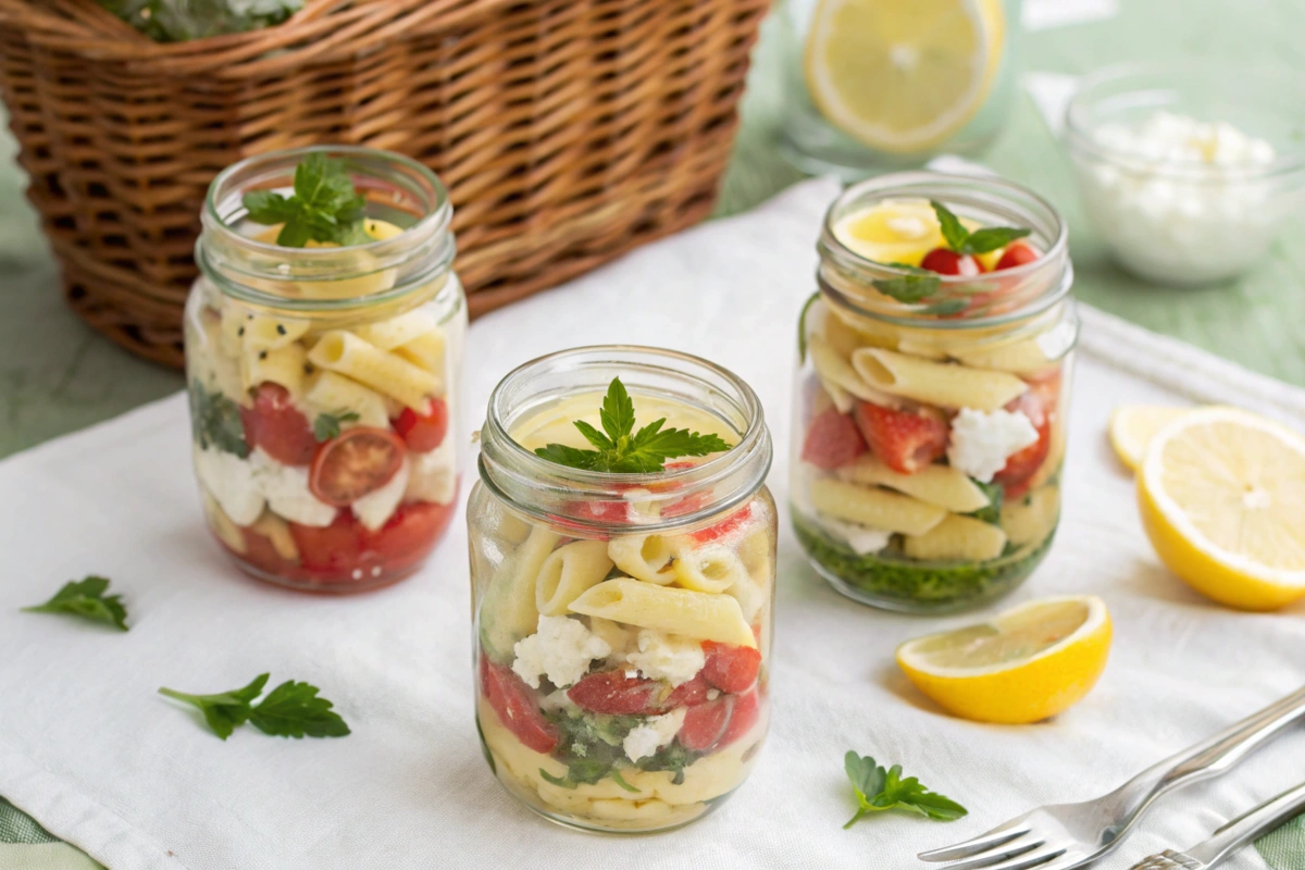 Individual jars of pasta salad layered with colorful ingredients.