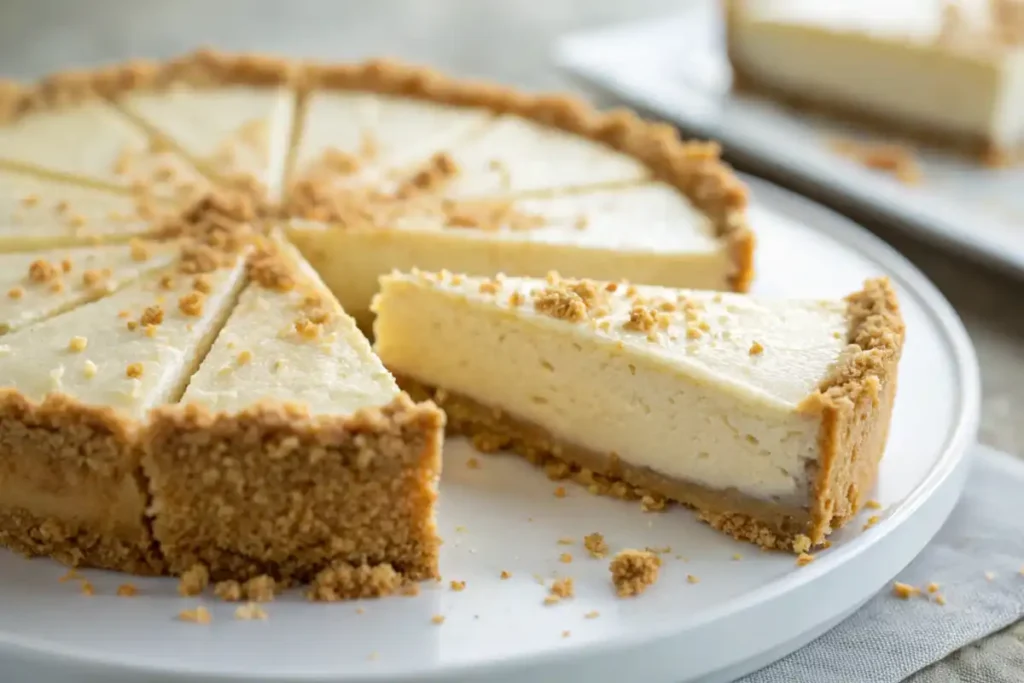 Cheesecake with graham cracker crust next to a flaky pie crust slice on a wooden table