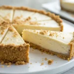 Cheesecake with graham cracker crust next to a flaky pie crust slice on a wooden table