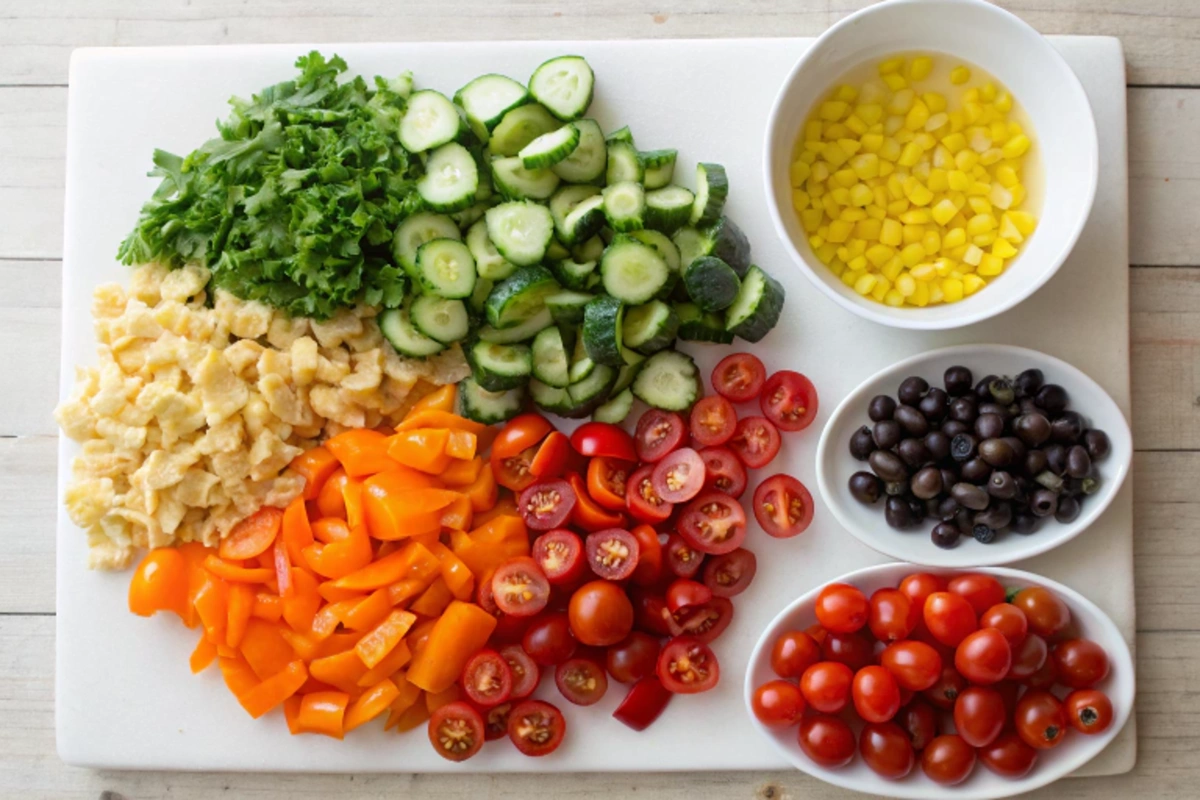 Pasta salad ingredients prepared for mixing.