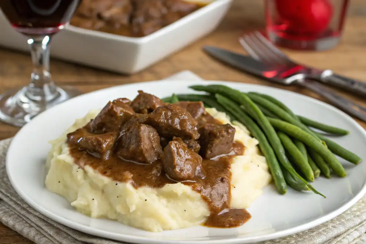 Beef tips in brown gravy with mashed potatoes and green beans