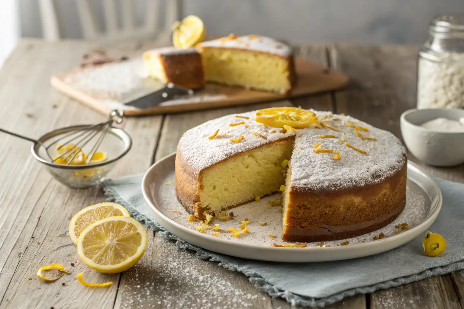 Italian Hangover Cake showcasing its moist texture, garnished with powdered sugar and citrus zest on a rustic table