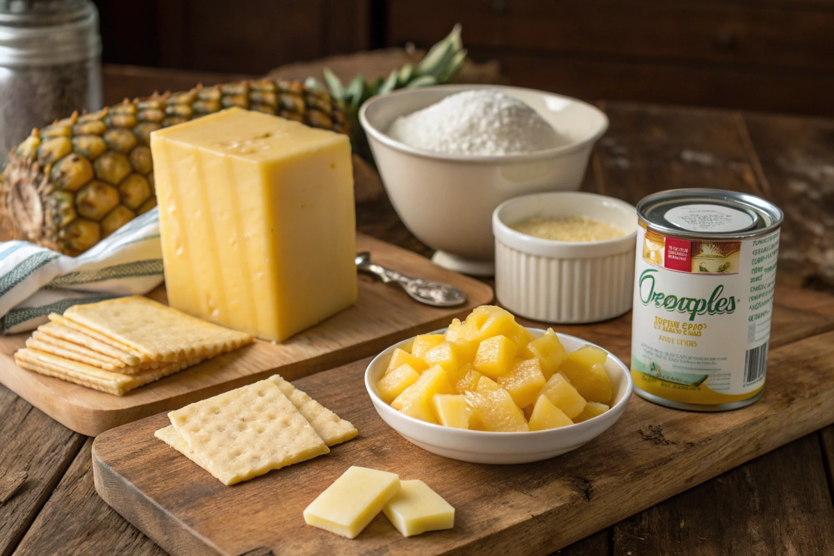 Pineapple casserole ingredients including pineapple chunks, cheddar cheese, crackers, sugar, flour, and butter.