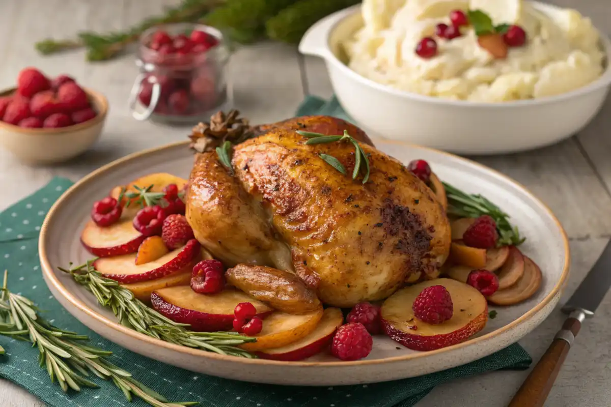 Roasted apple cranberry raspberry chicken plated with caramelized fruits, mashed potatoes, and green vegetables.