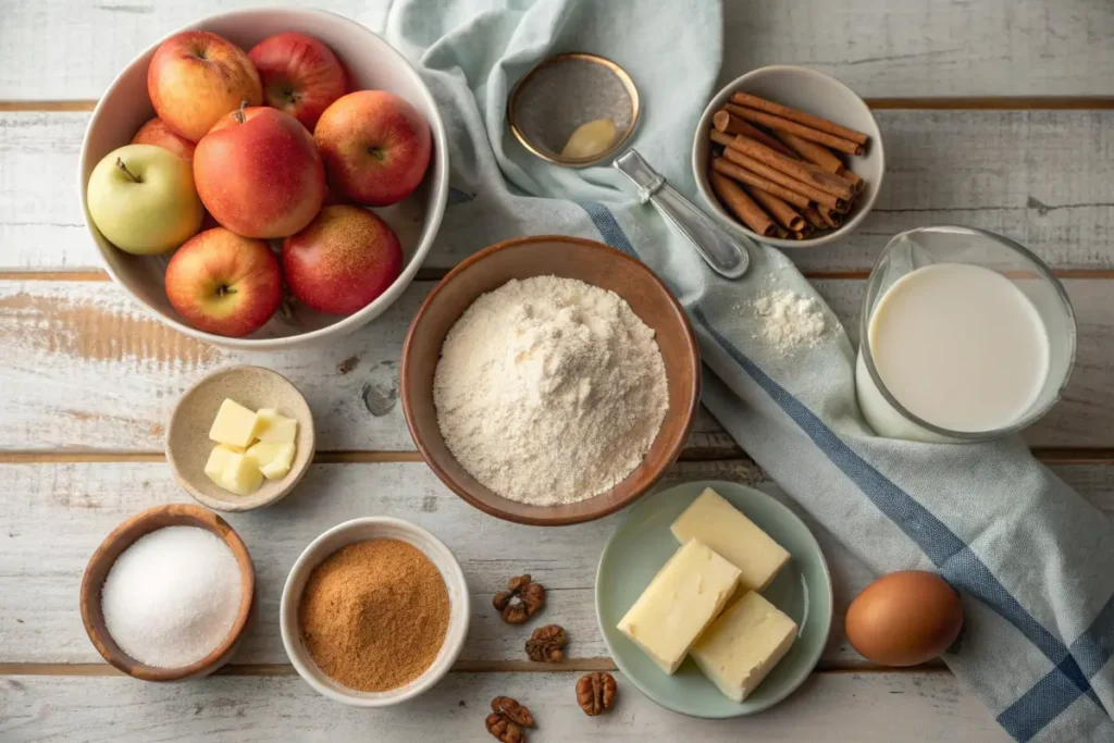 Ingredients for Apple Pie Cinnamon Rolls, including flour, sugar, apples, and cinnamon, arranged on a wooden surface.