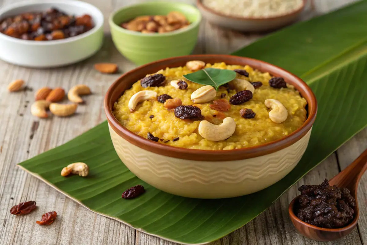 Golden sakkarai pongal served on a banana leaf with festive garnish.