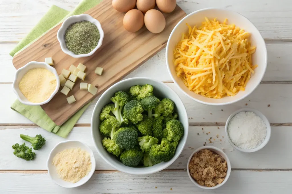 Fresh ingredients for making crispy broccoli cheese balls, including cheese, broccoli, eggs, and breadcrumbs, arranged on a wooden surface.