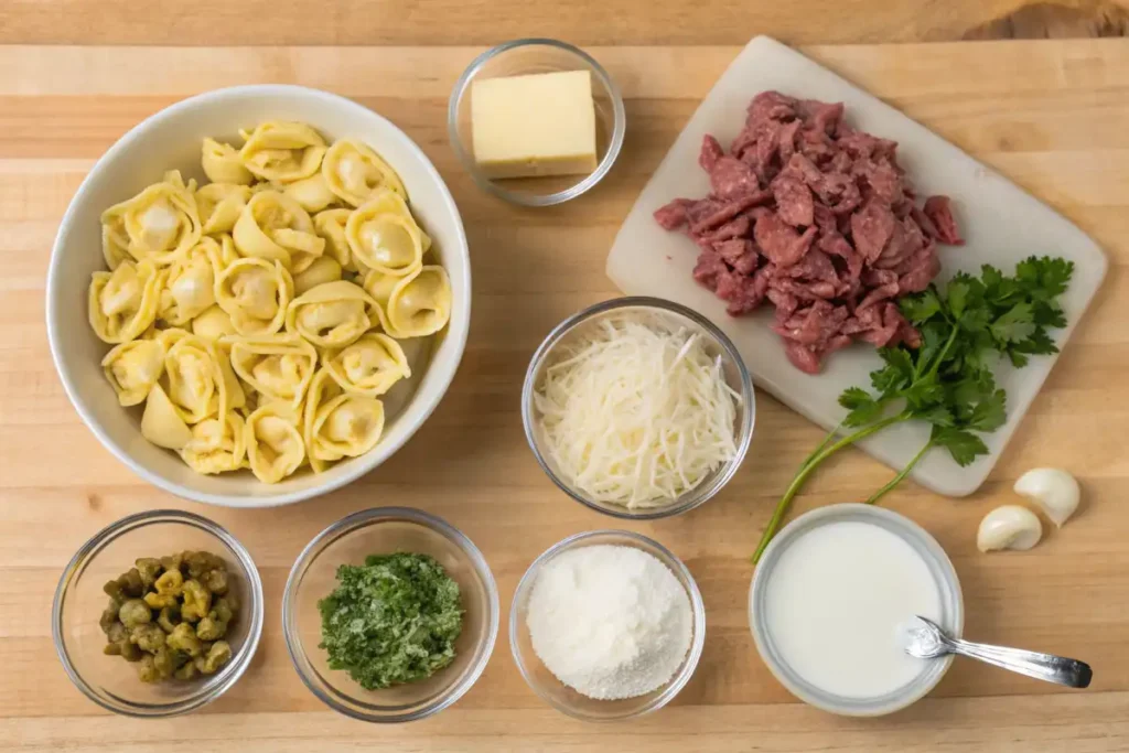 Ingredients for cheesesteak tortellini in rich provolone sauce on a wooden counter. Title: Cheesesteak Tortellini Ingredients