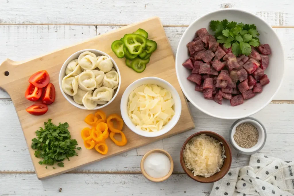 Top-down view of cheesesteak tortellini pasta ingredients, including pasta, beef, vegetables, and cheese