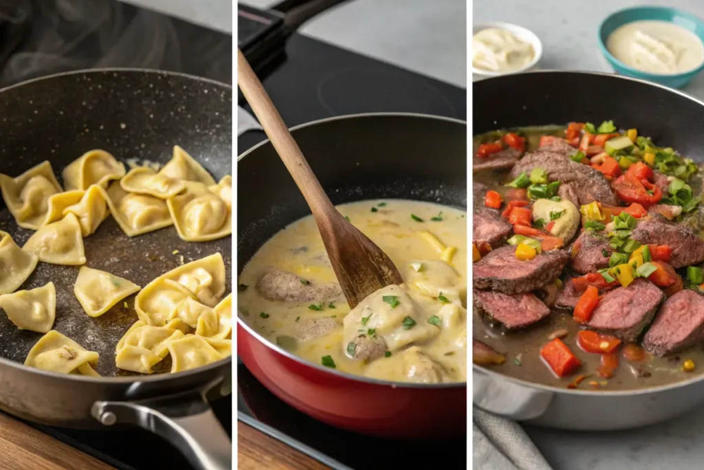 Cheesesteak tortellini pasta preparation steps, including sautéing beef, cooking pasta, and assembling the creamy sauce.