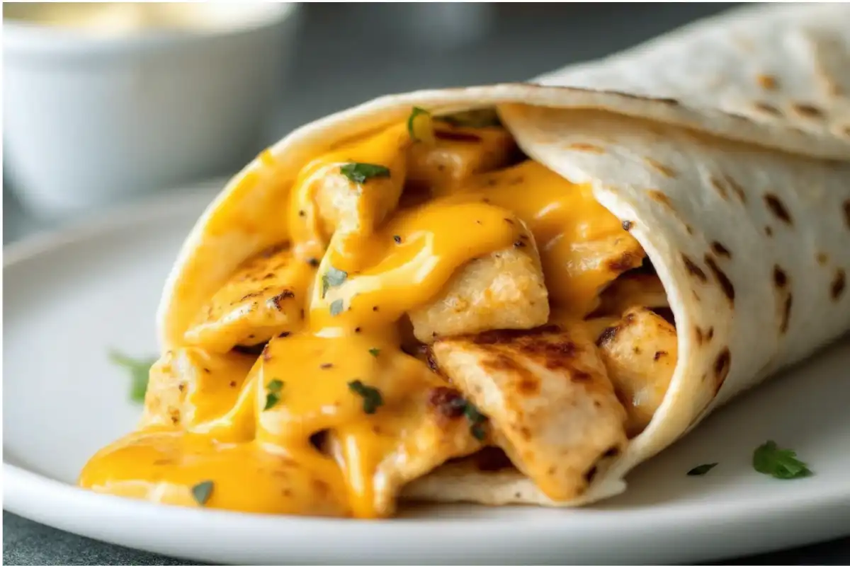 Cheesy garlic chicken wraps served with garlic sauce on a white plate