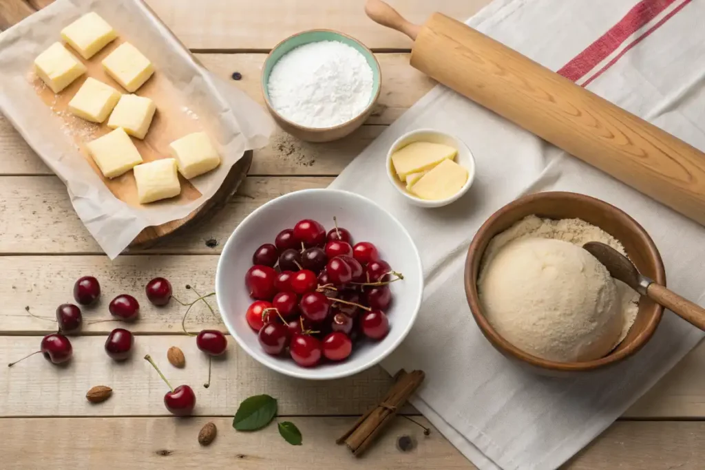 Flat-lay of ingredients for Cherry Pie Bombs including cherries, sugar, butter, and dough