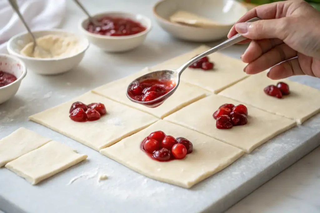 Cherry Pie Bombs preparation with dough, cherry filling, and sealing steps